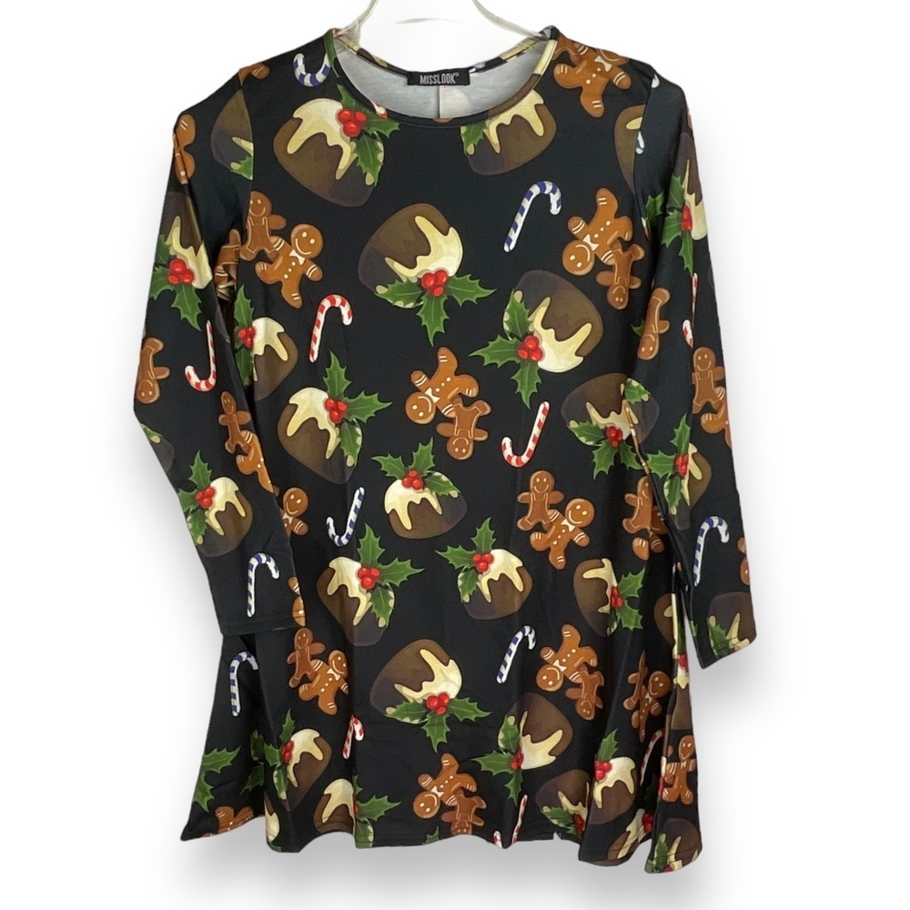 Misslook Dress Christmas Holiday  Pudding Cookies Candy Canes Black Size‎ M NWT